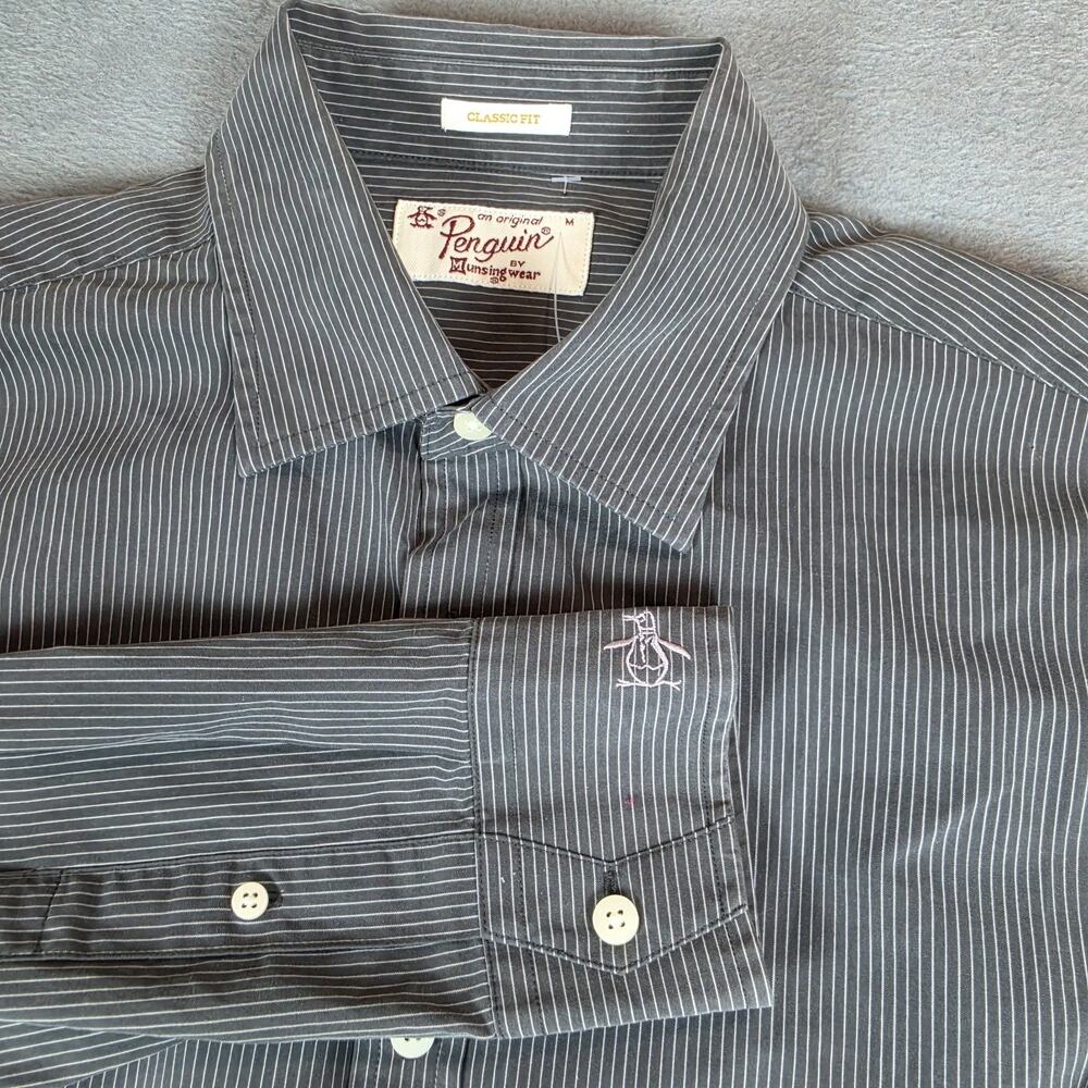Original Penguin Mens Medium Gray Pinstripe Dress Shirt Classic Fit Button Up
